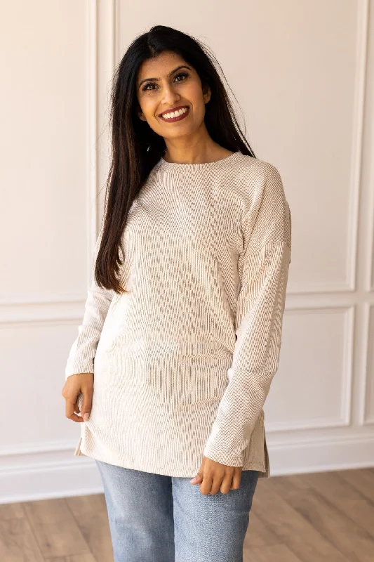 Daydream Sweetie Beige Ribbed Long-sleeve Top Classic Women's Pin - striped