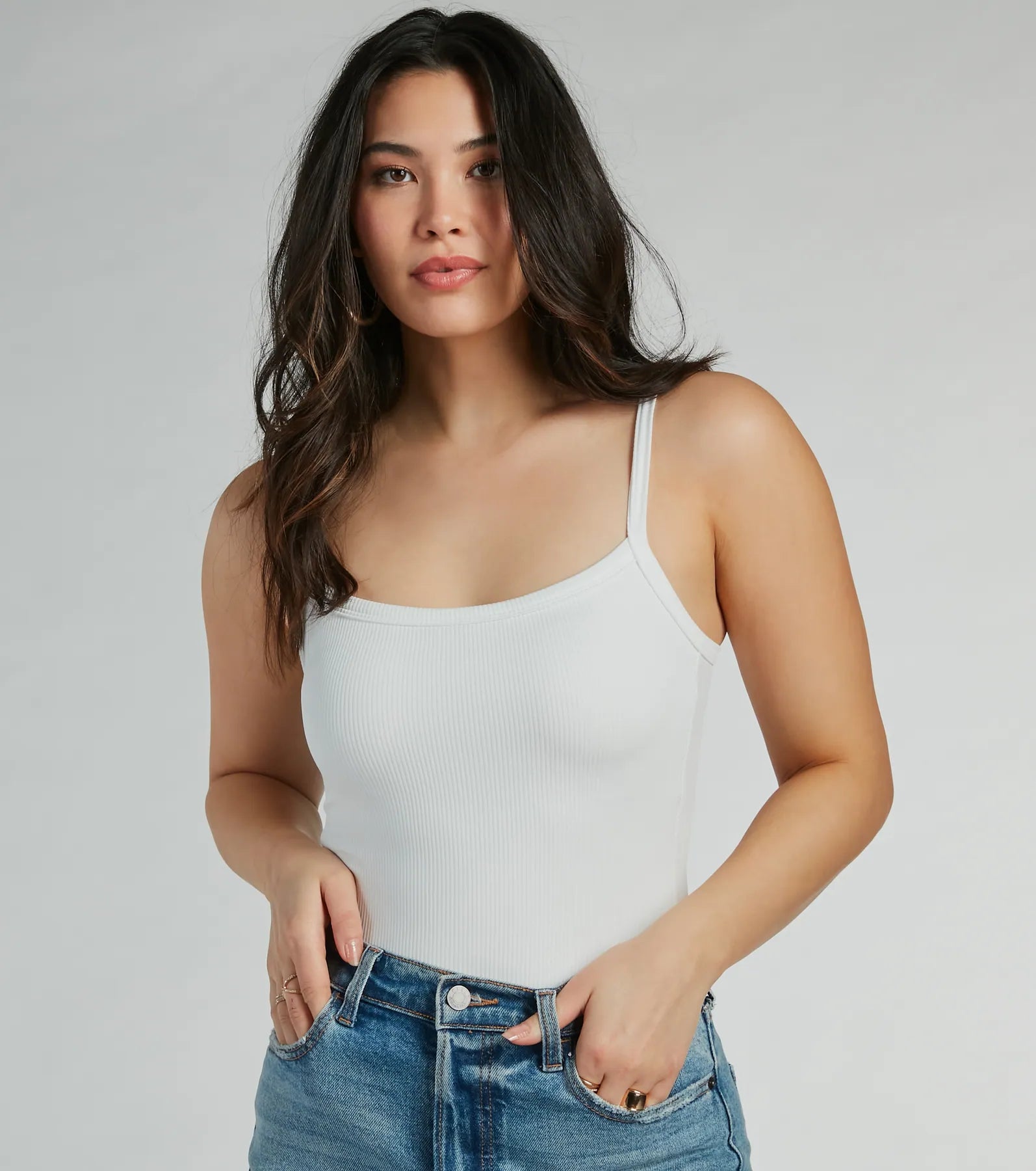 Smooth Silhouette Square Neck Rib Knit Bodysuit Sleek Women's Metallic