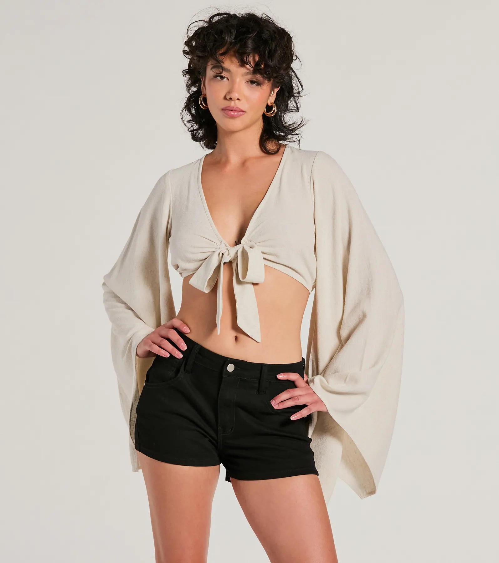 Breezy Energy Tie Front Long Sleeve Linen Top Unique Women's Upcycled