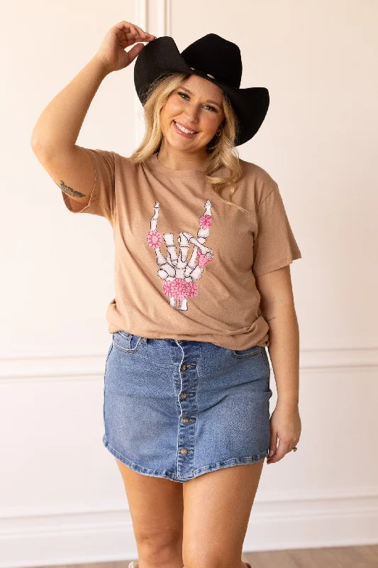 Western Skeleton Hand T-Shirt, Beige Edgy Women's Punk