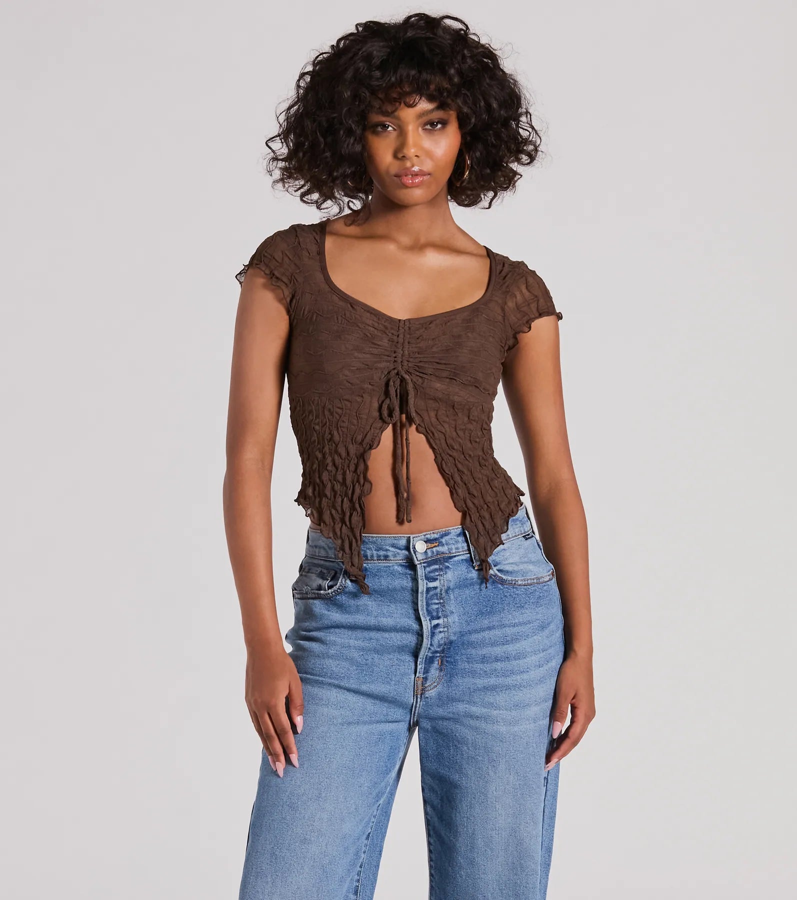 Flirty Expert Short Sleeve Slit Texture Crop Top Sophisticated Women's Tailored
