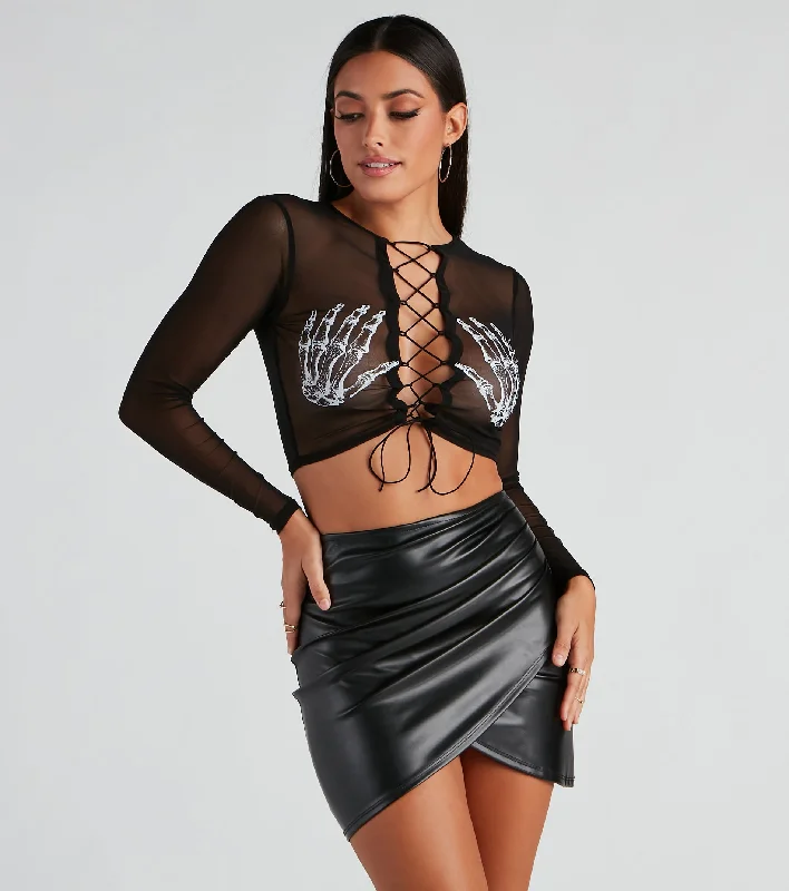 Sultry Skeleton Lace-Up Crop Top Streetwear Style for 