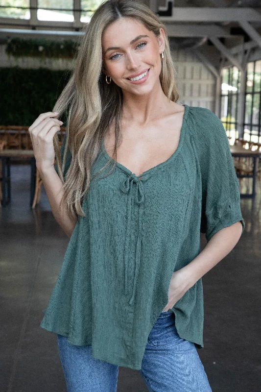 Alessia Textured Tie Neck Top, Forest Sporty Women's Athleisure 