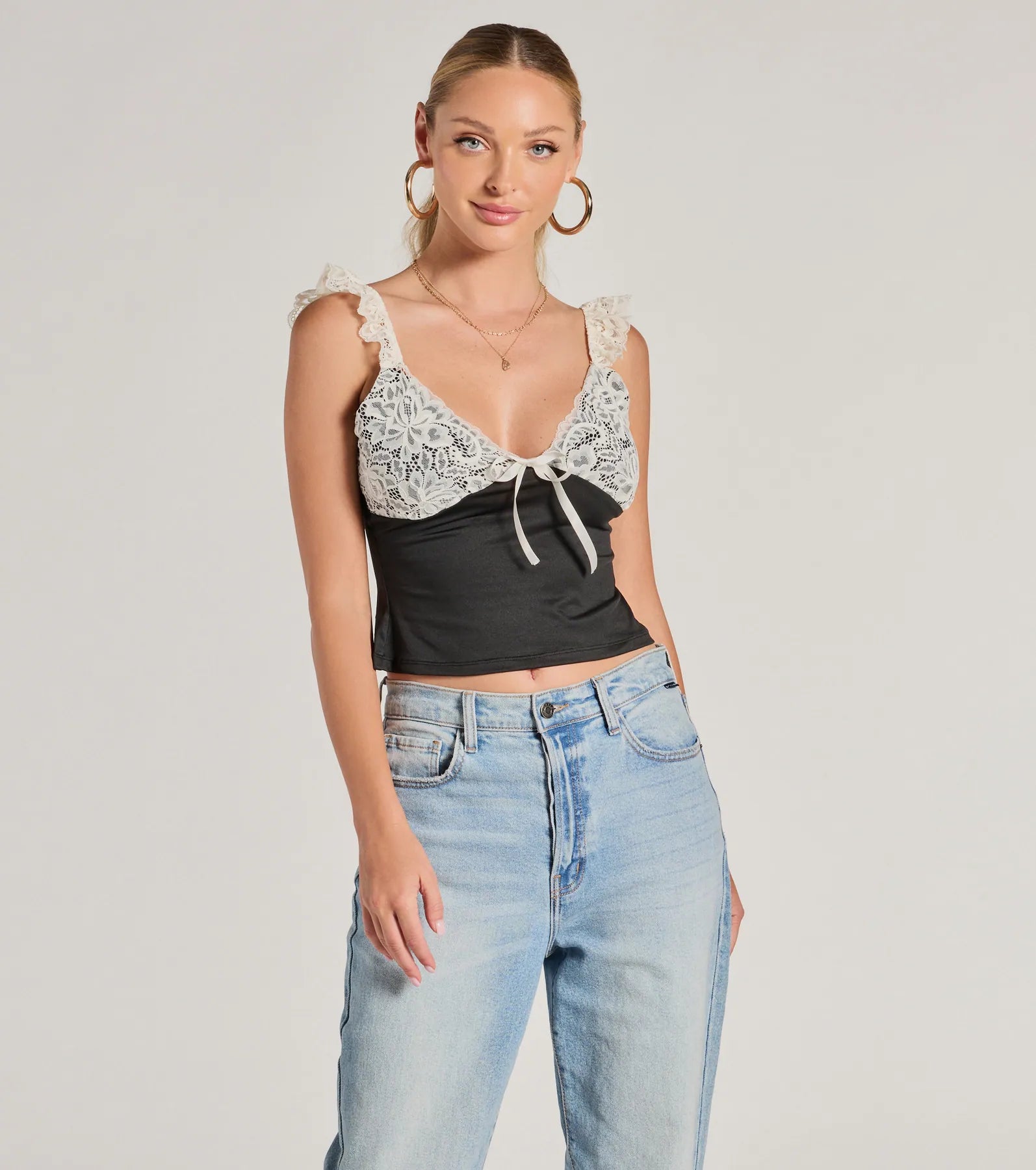 Effortlessly Pretty Lace And Knit Sleeveless Top Hip Women's Retro