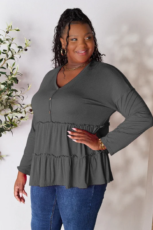 Double Take Half Button Long Sleeve Ruffle Hem Blouse Refined Women's Classic 