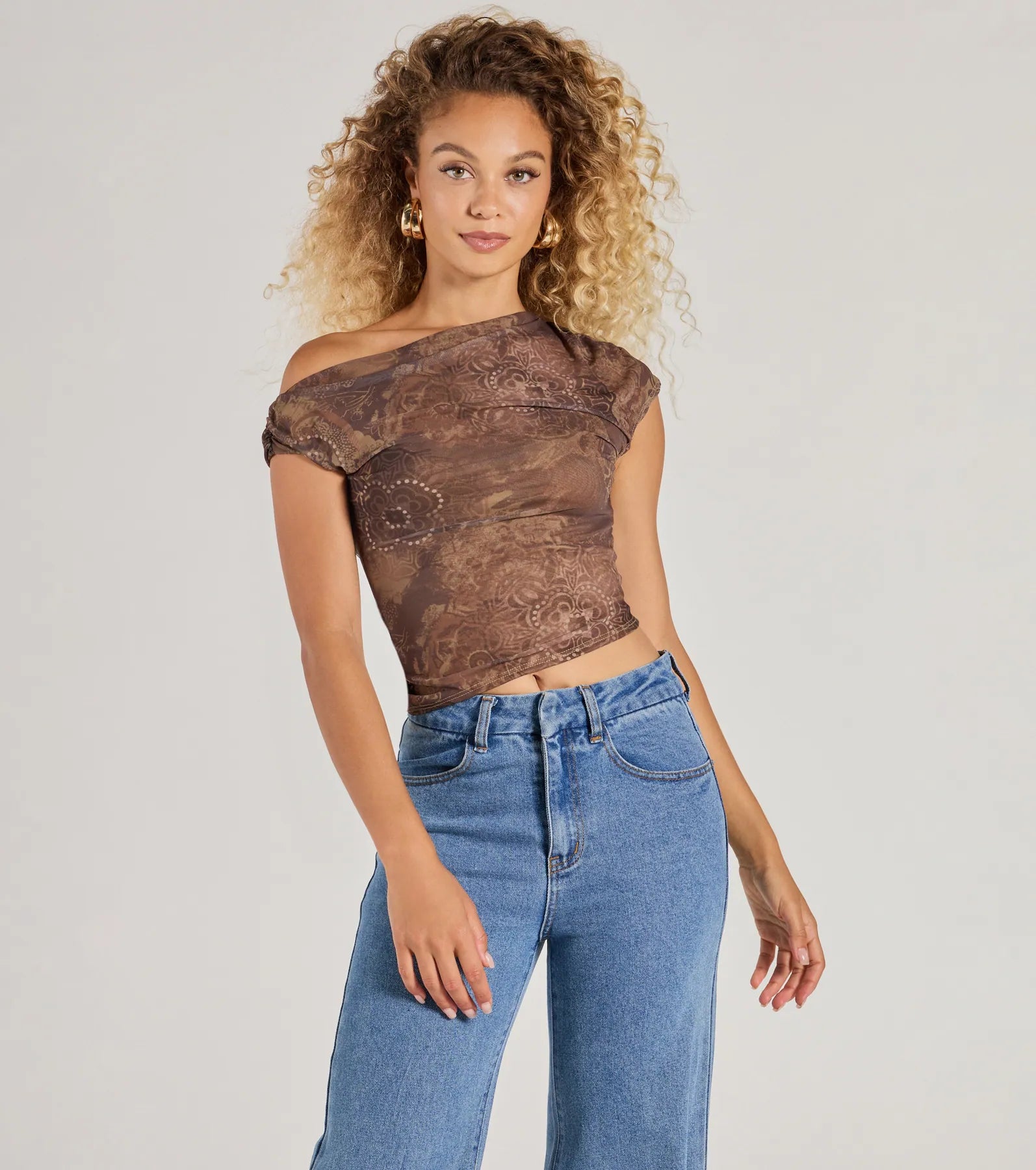 Trendy One-Shoulder Boho Print Crop Top Bold Women's Statement