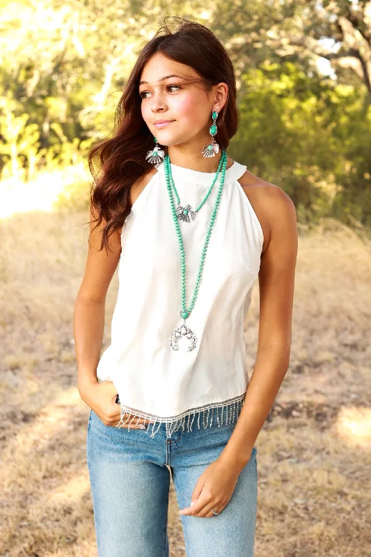 Simply Perfect White Top with Rhinestone Fringe Cozy Women's Sherpa - lined