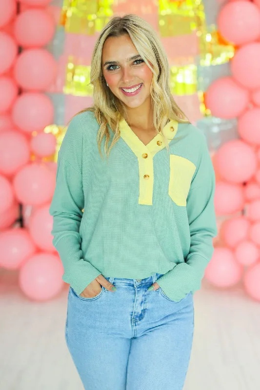 Sage waffle Knit Top Hip Women's Retro