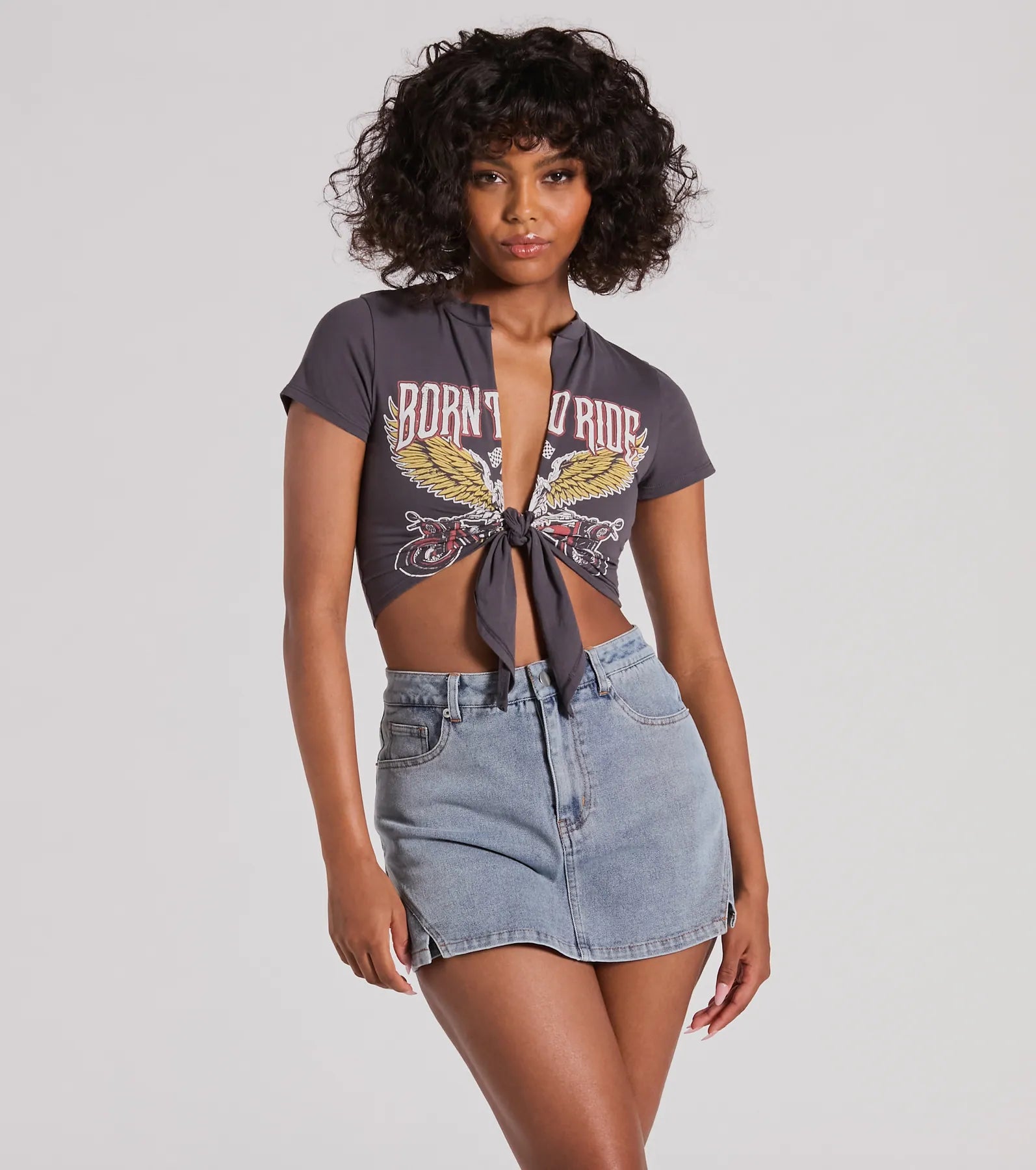 Born To Ride Short Sleeve Tie Front Graphic Tee Bold Women's Animal Print
