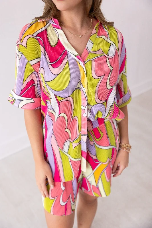 Pleated Abstract Print Button-Up Sophisticated Women's 