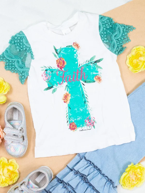 Girls Turquoise Faith Cross on White Short Lace Sleeve Elegant Women's Formal 