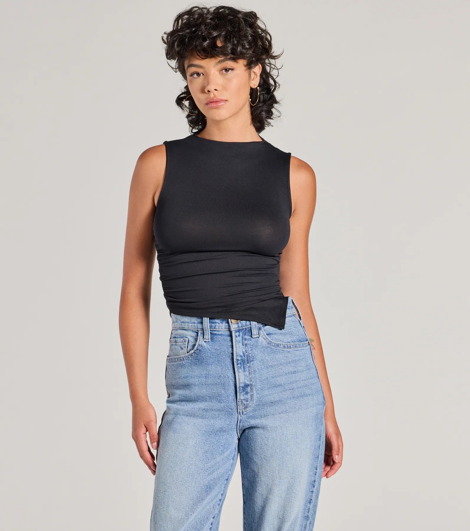 Stylish Basic Sleeveless Mock Neck Crop Top Cozy Women's Sherpa - lined