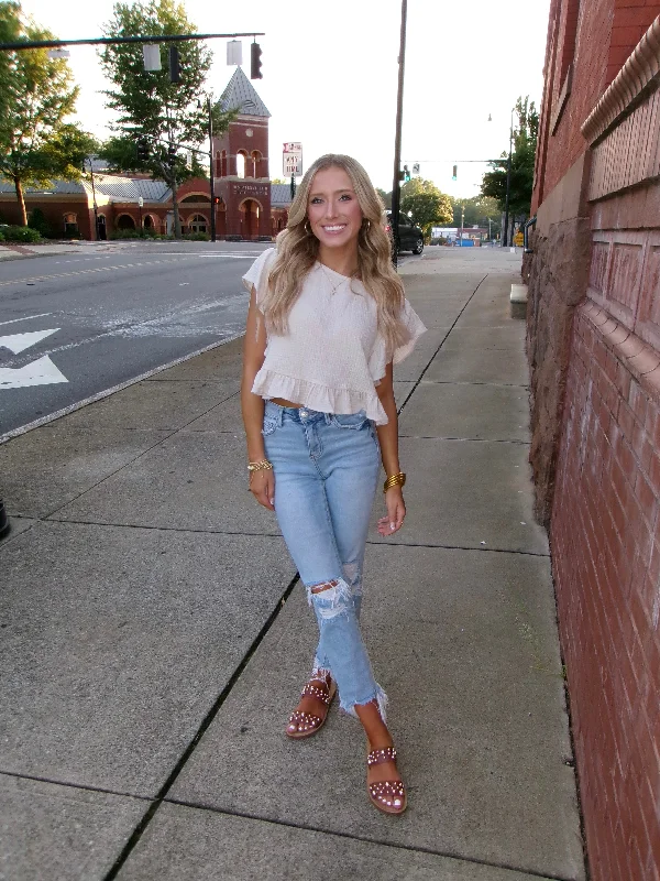 Tan Linen Butterfly Sleeve Crop Top Contemporary 
