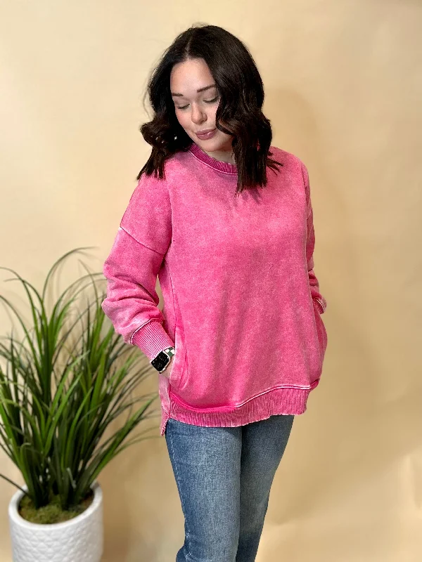 Hot Pink Wash Pullover Artistic Women's Hand - painted