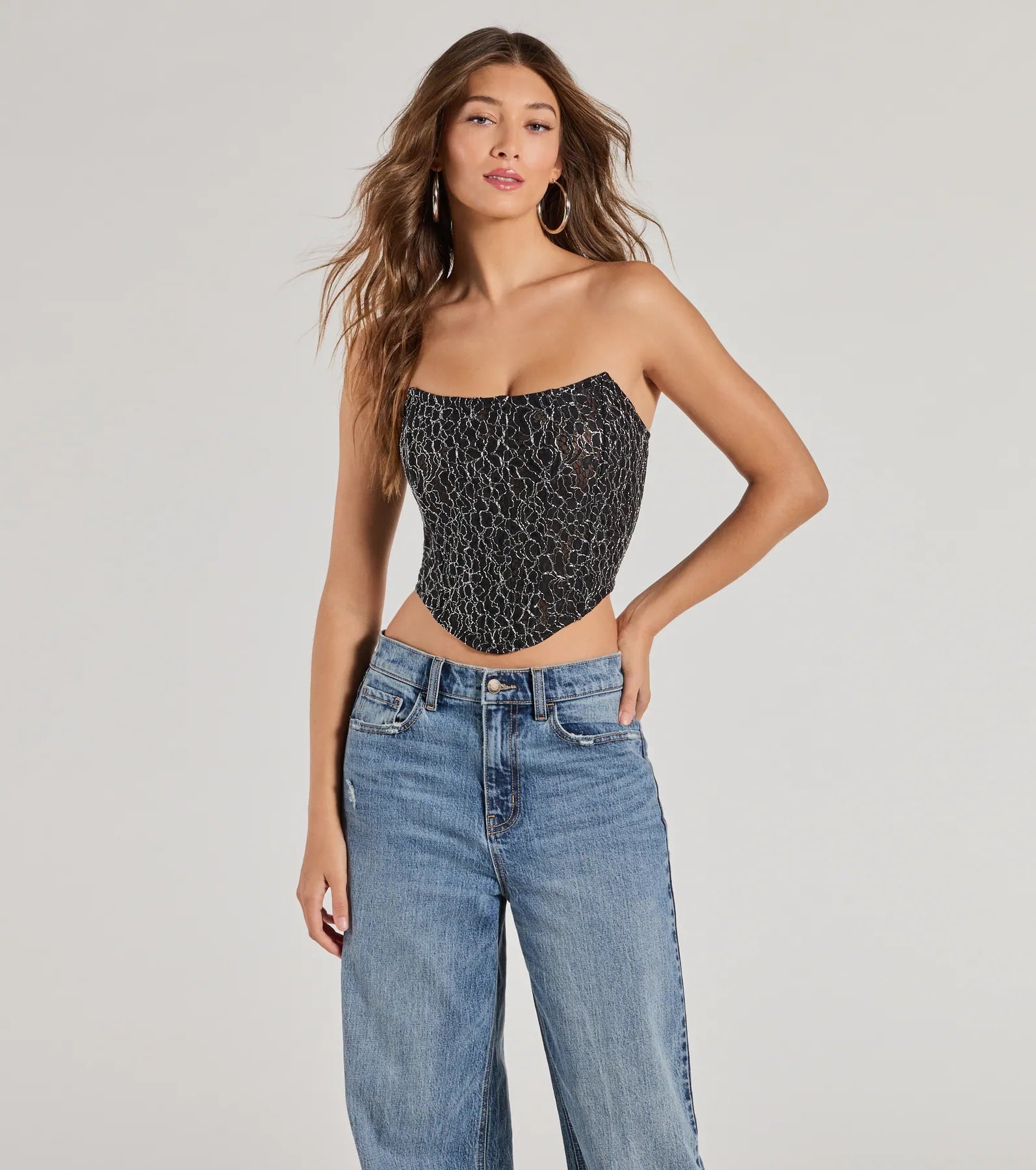 Sultry Shimmer Lurex Lace Strapless Corset Top Streetwear Style for 