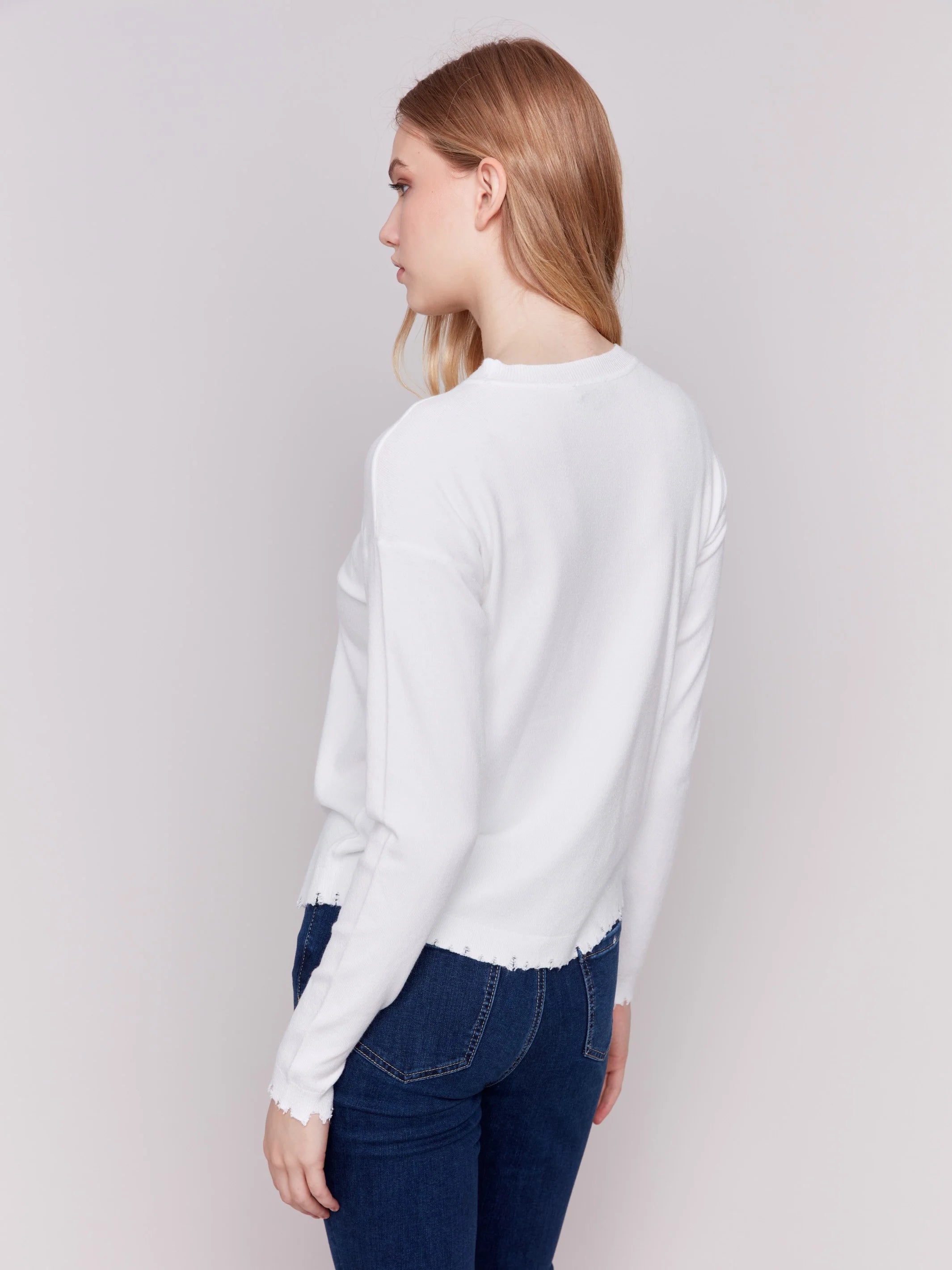 C.B C2707 Frayed Edge Round Hem Sweater Sleek Women's 