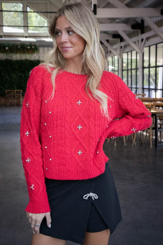 Kasey Rhinestone Detail Sweater, Red performance