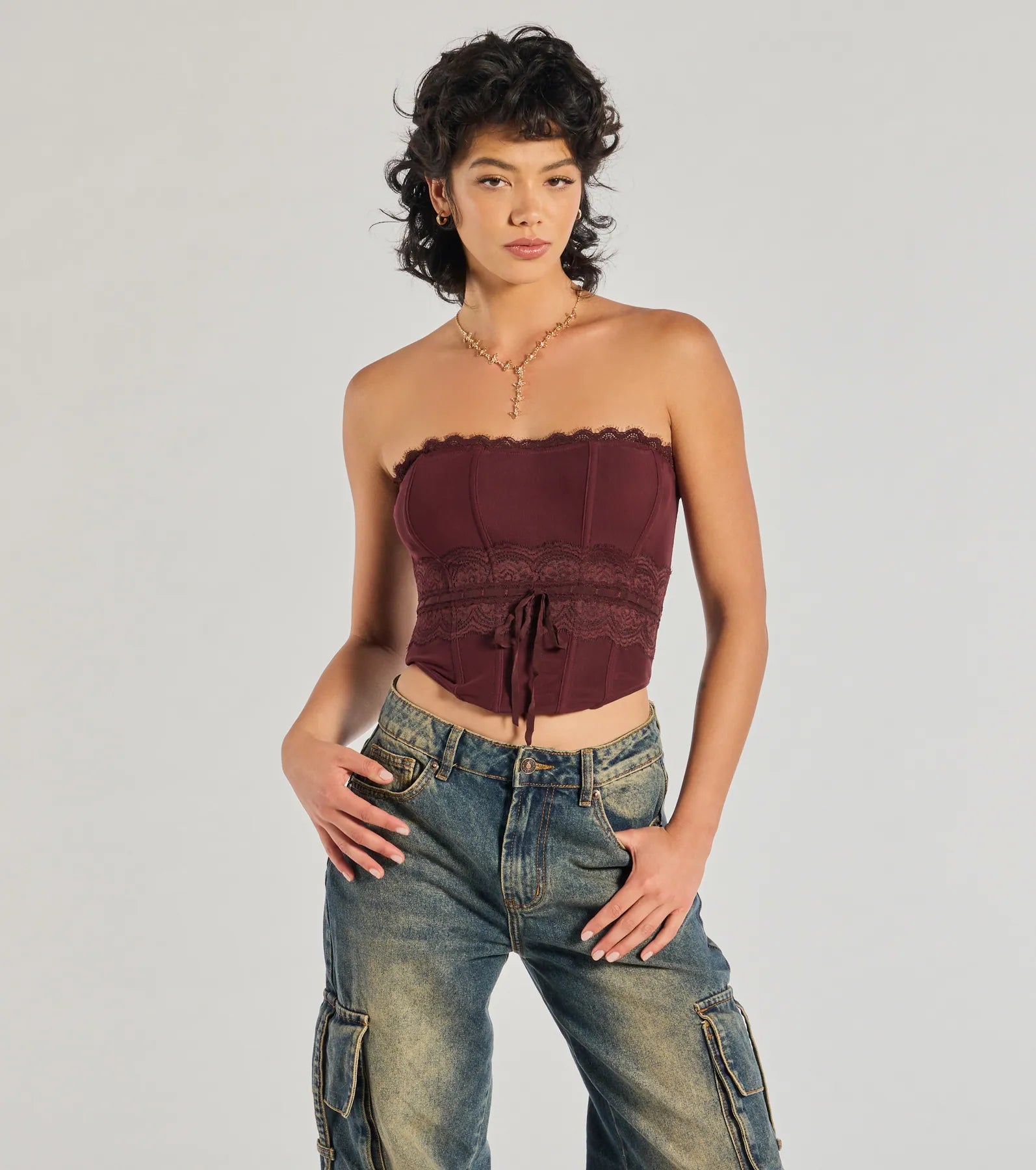 Chic Attitude Lace Trim Mesh Corset Top Elegant Women's 