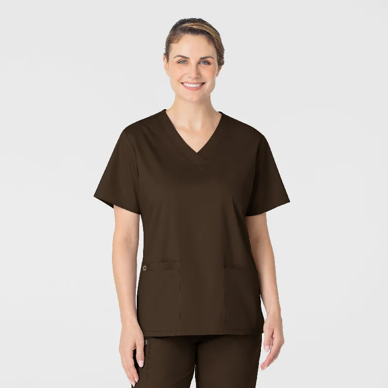 WonderWORK Women's V-Neck Scrub Top - Chocolate Dapper Women's Bow - adorned