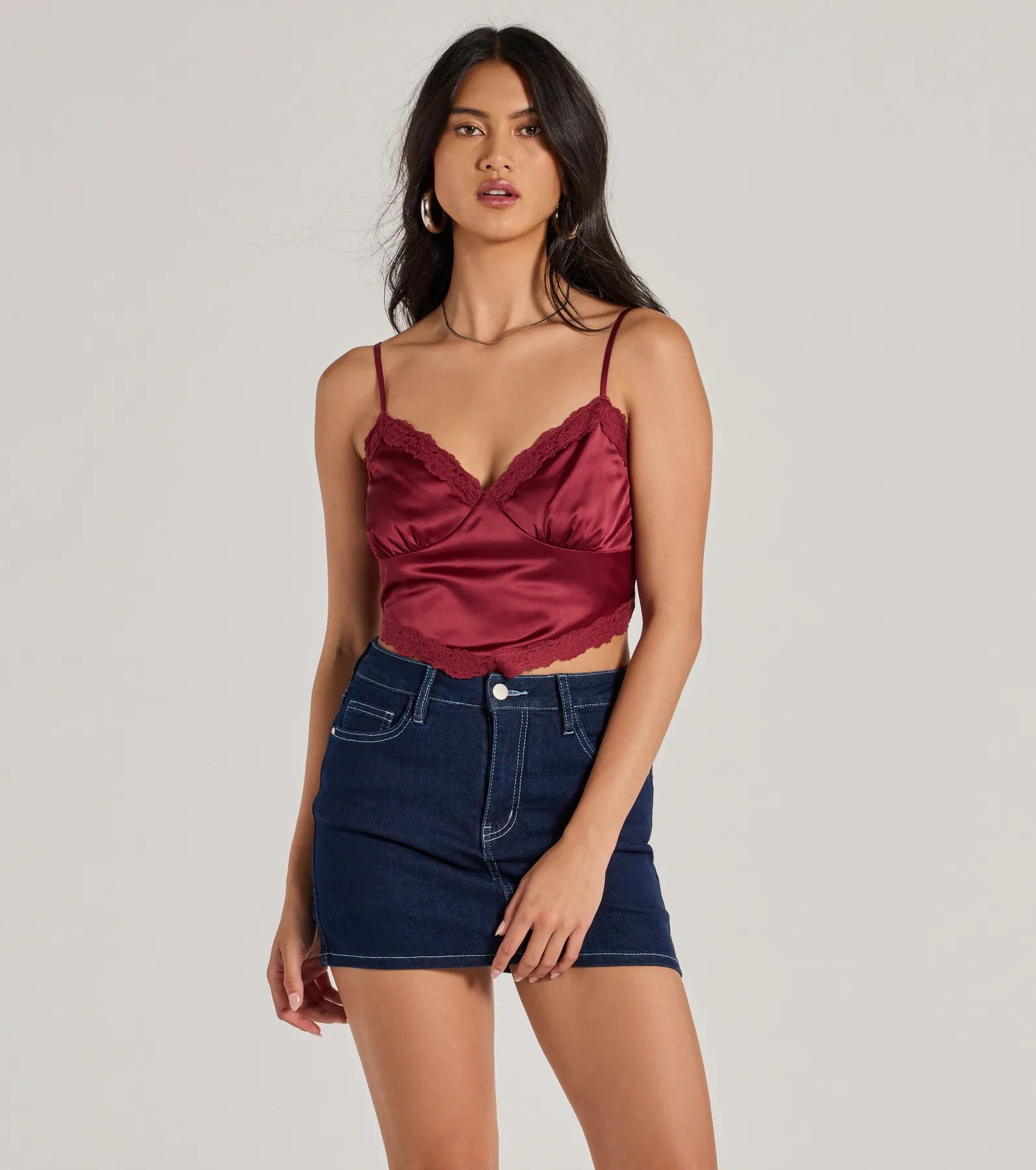 Romance In The Air Lace Trim Satin Cami Crop Top Scandinavian