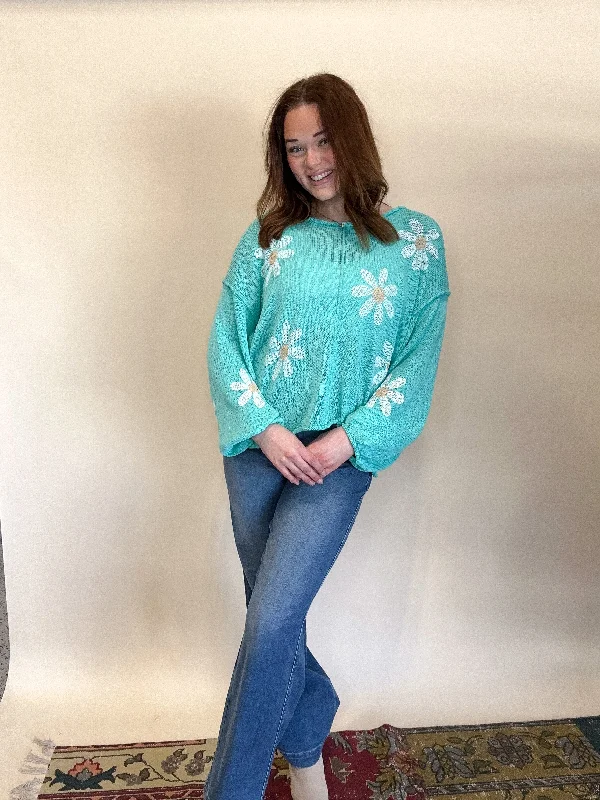 Teal Floral Lightweight Sweater Confident Women's Power