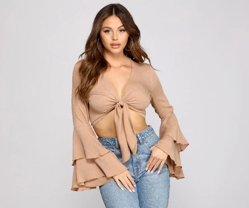 Boho-Chic Ruffled Sleeve Tie-Front Top Feminine Women's Style 