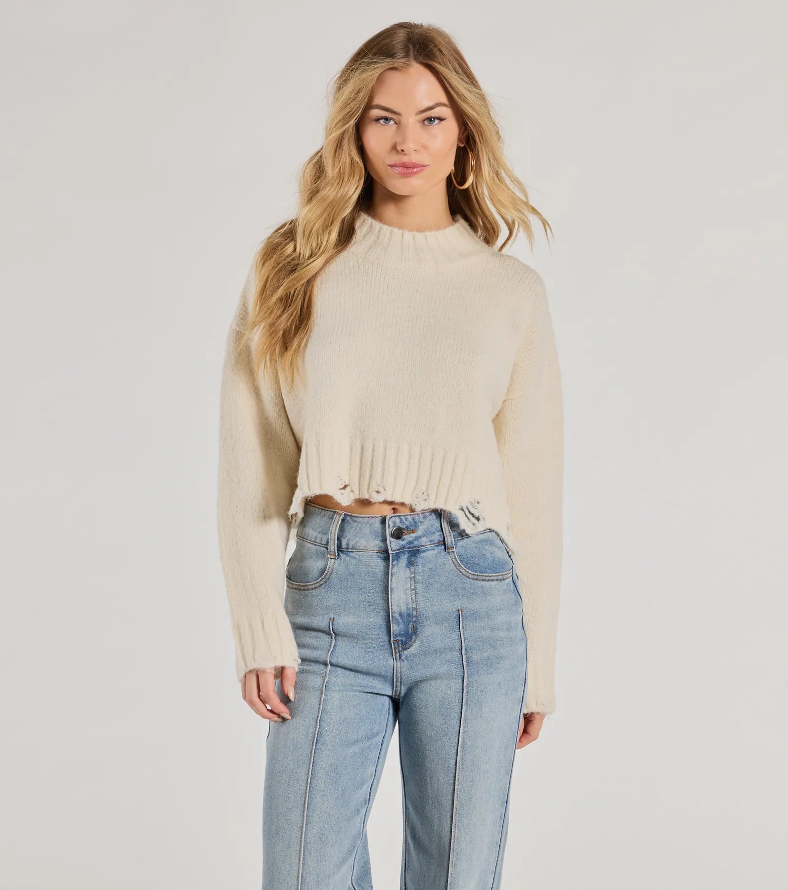 On-Trend Distressed Knit Mock Neck Sweater Modern Women's 