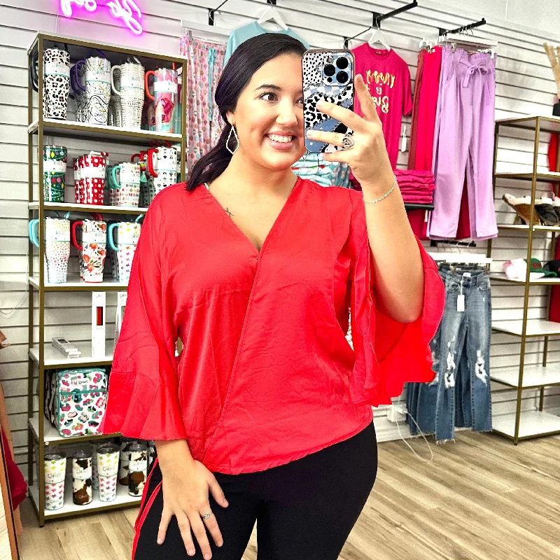 Cherry Side Wrap Ruffle Sleeve Top Cozy Women's Winter