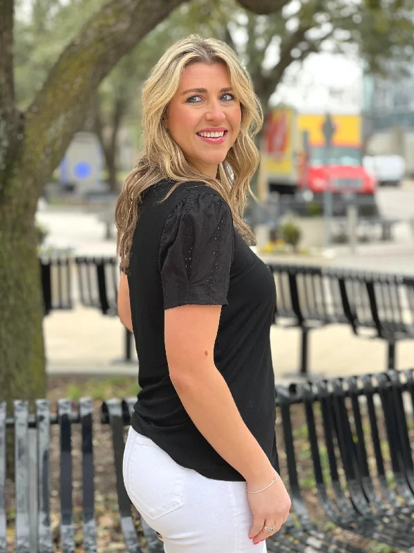 Nothing But Chic Eyelet Puff Sleeve Blouse, Black Monochromatic All - in - one