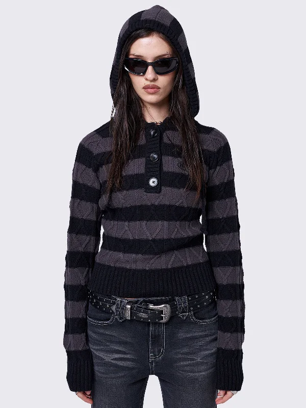 Noir Striped Knitted Hoodie Street