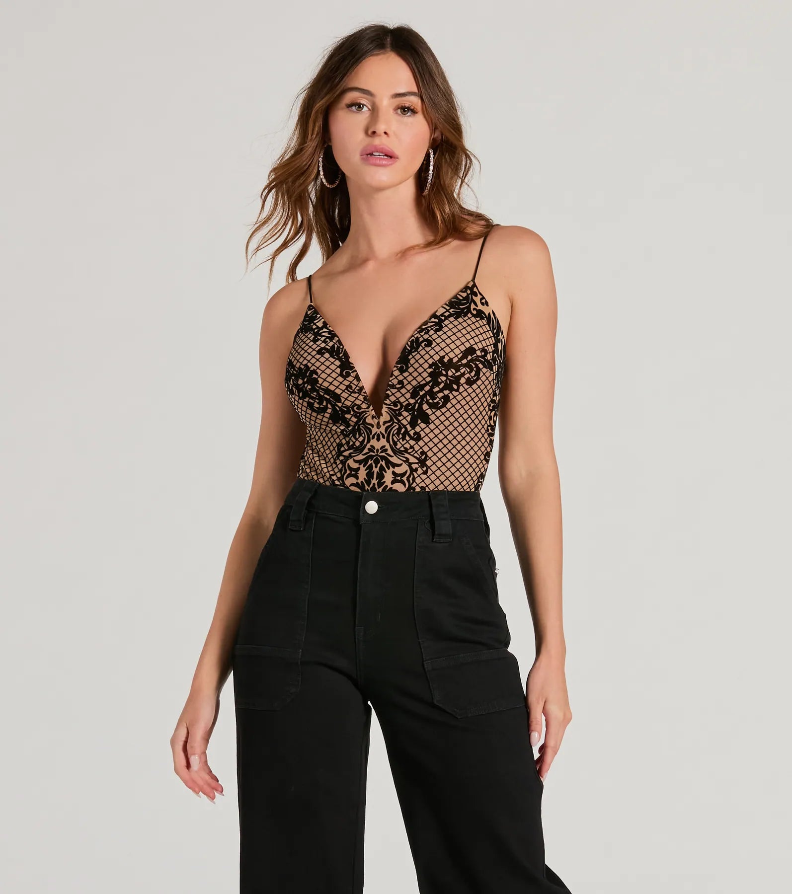Date Night Muse Plunge V-Neck Velvet Burnout Bodysuit Preppy Women's College