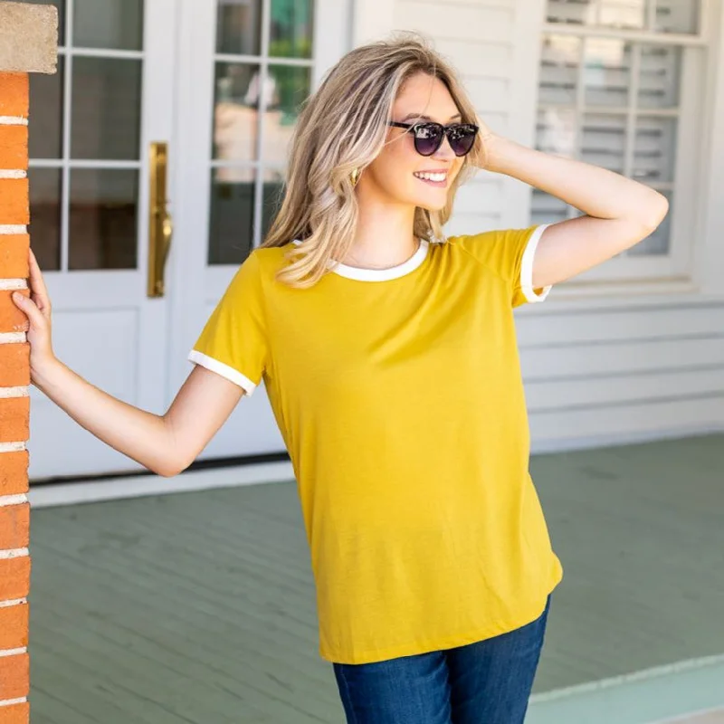 Trim It Down Short Sleeves Ringer T-Shirt, White And Mustard Sustainable Organic