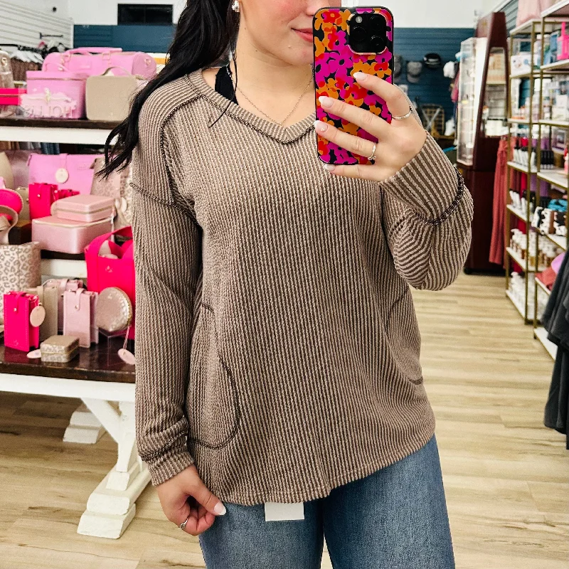 Coffee Ribbed Knit Pullover Confident Women's High - fashion
