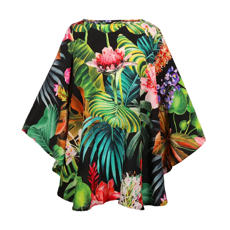 Black Botanica Italian Silk Poncho Classic Women's Pin - striped