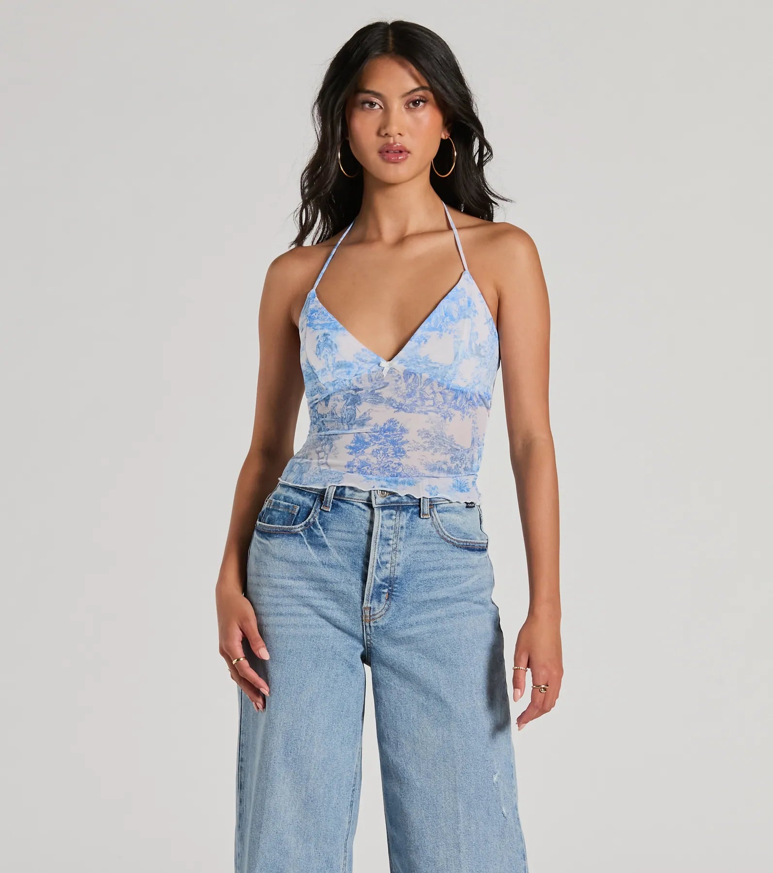 Scenic Route V-Neck Halter Mesh Crop Top Casual Women's Loose - fitting