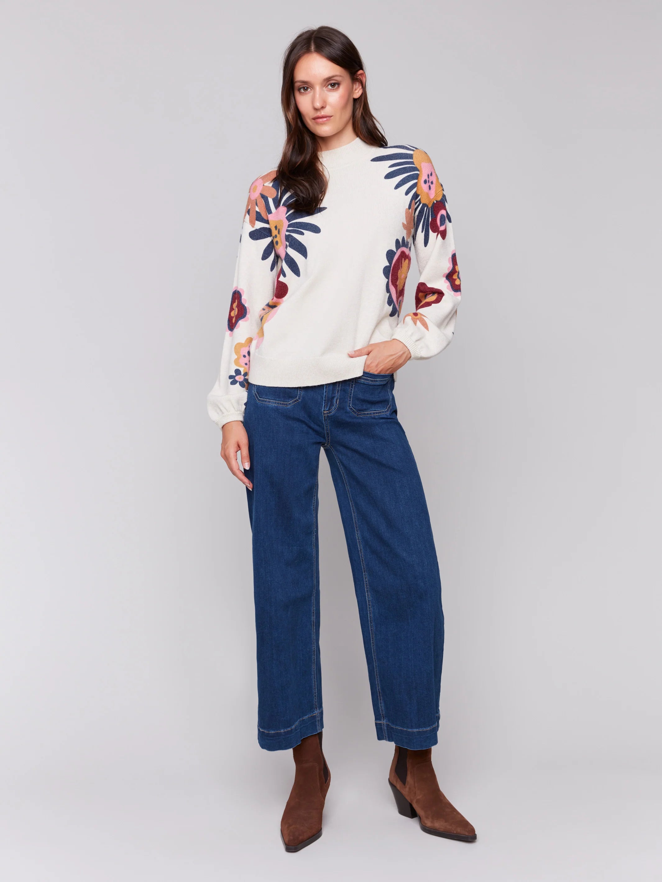 C.B C2689 Floral Print Mock Neck Sweater Sleek Women's Metallic