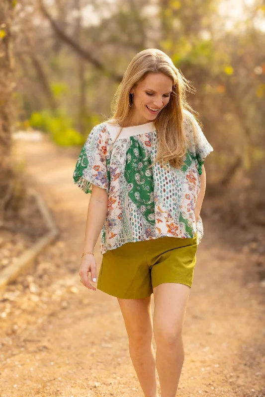 Rosemary Square Neck Boho Top, Green Modern Women's 