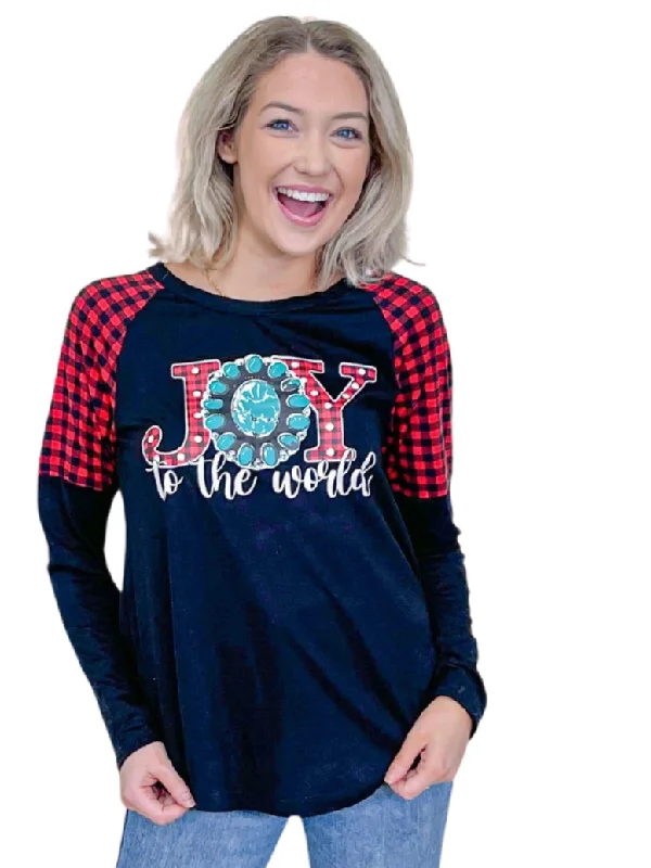 Joy to the World on Black Long Sleeve & Plaid Shoulders Cool Women's Distressed