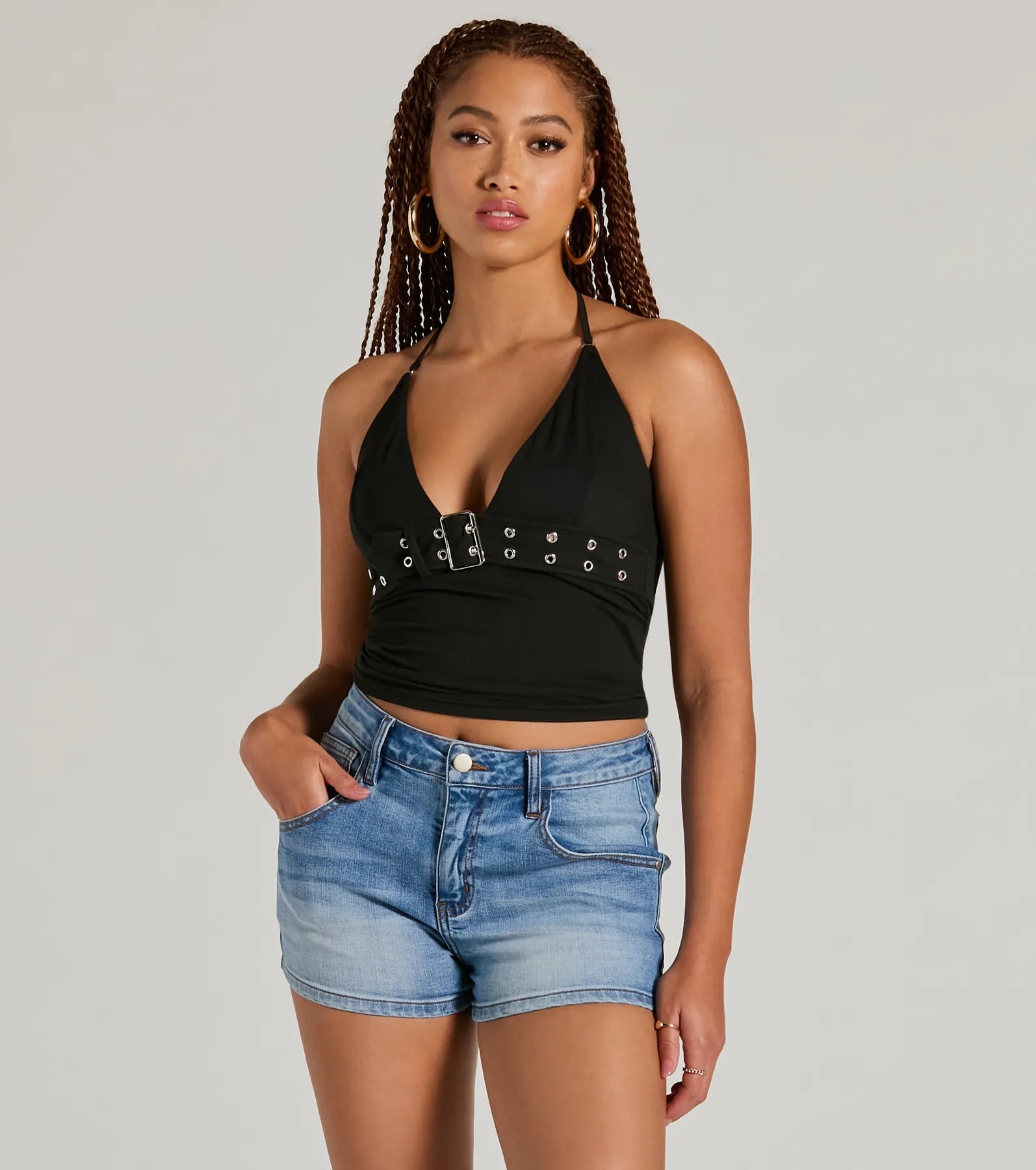 Buckle Down Halter V-Neck Crop Top Contemporary 