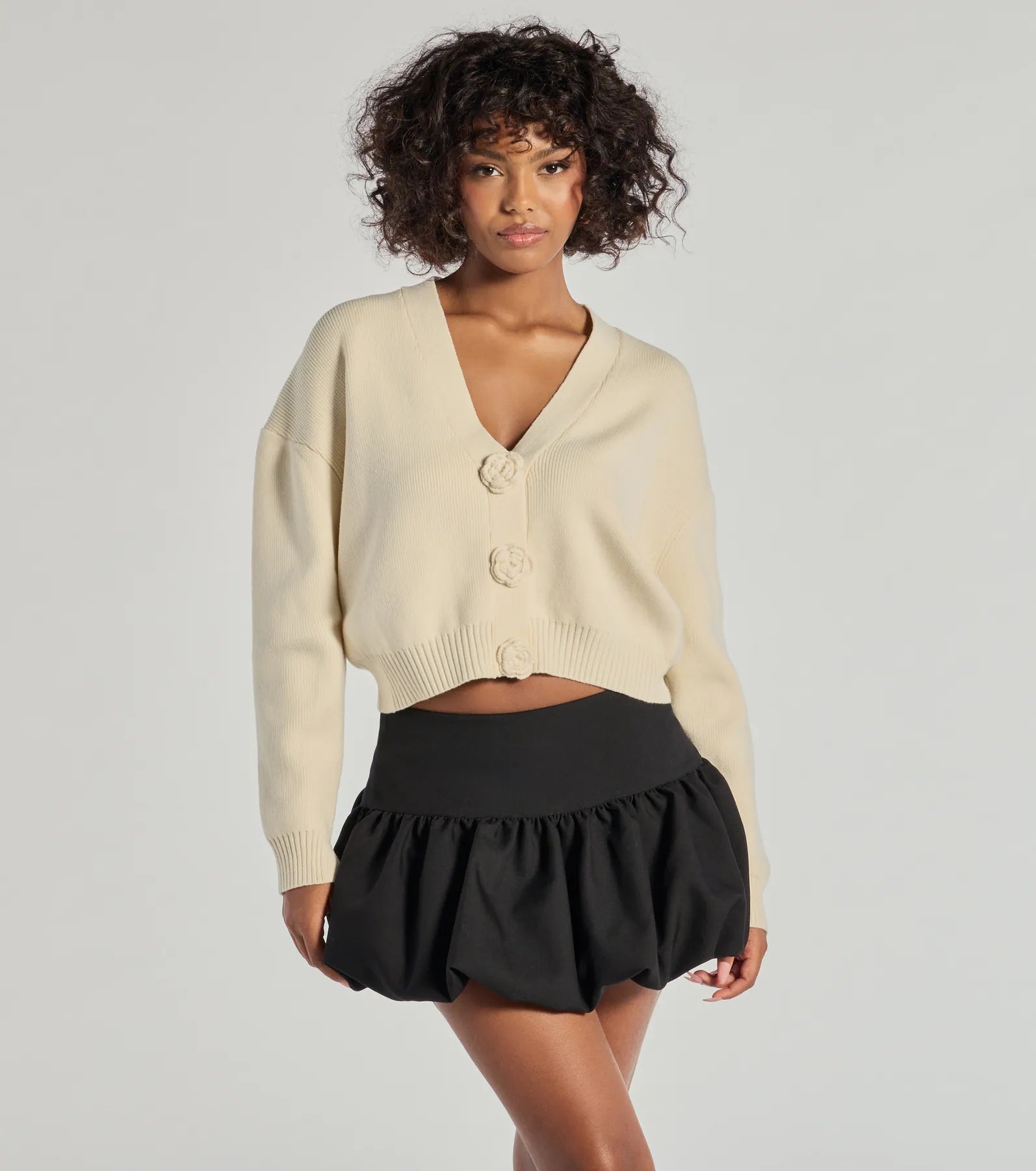 Floral Charm Cropped Cardigan Knit Sweater Sporty Women's Athleisure 