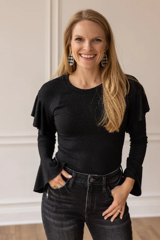Black Shimmer Bodysuit with Ruffle Shoulder Sleeve Country