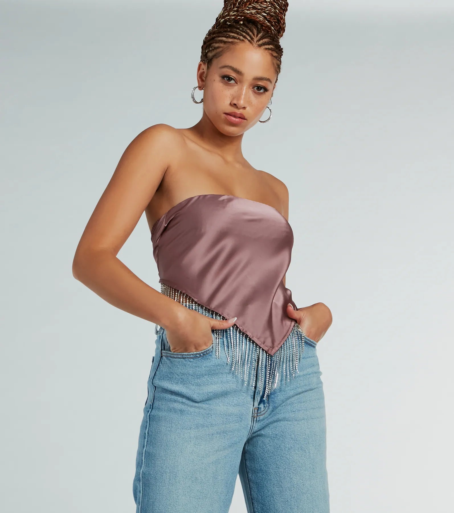 Effortlessly Classy Strapless Rhinestone Satin Top Feminine Women's Style 