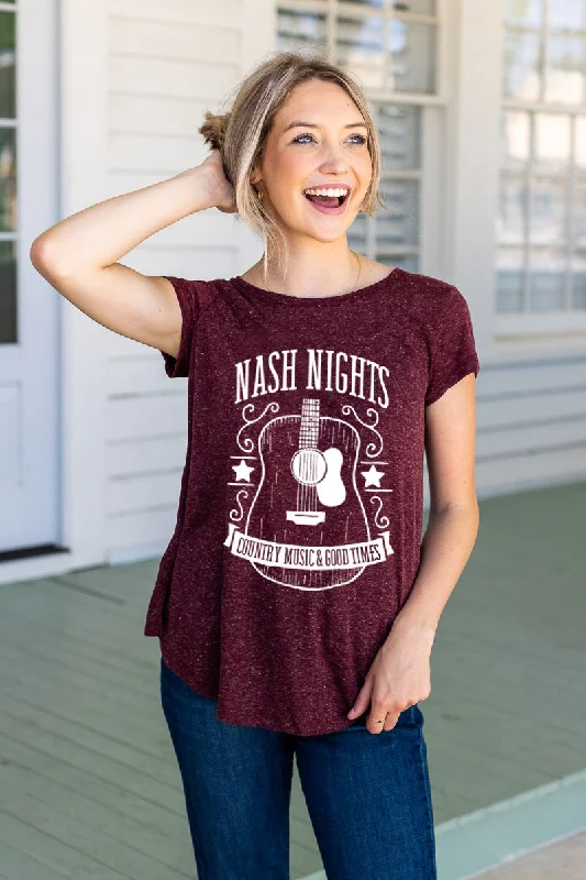 Nash Nights Tee on Maroon Heathered Rodeo Revival Casual Women's Loose - fitting