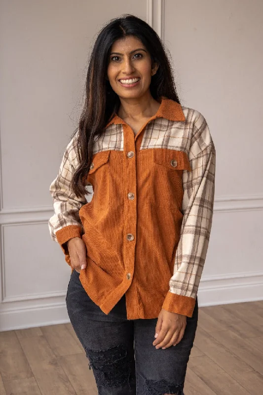 Cozy Calling Rust Plaid Button Down Top garde