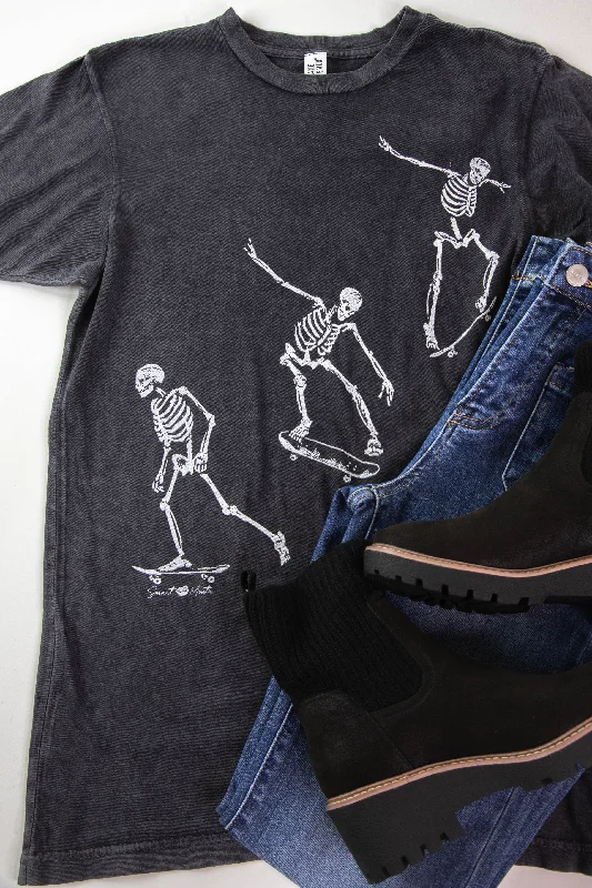 Skater Skeleton Tee, Black Mineral Wash Preppy Women's College