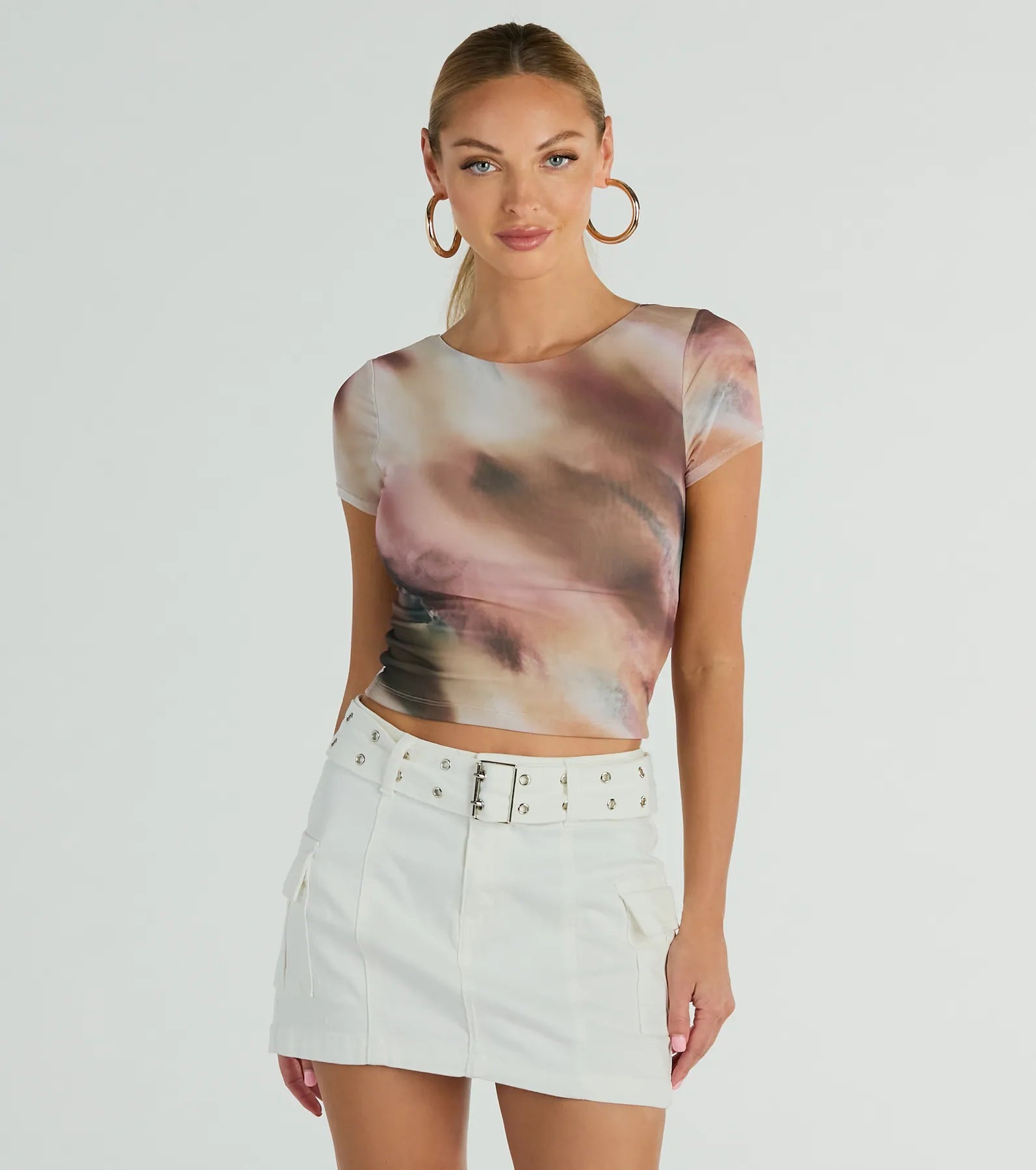 Talk Back Abstract Print Mesh Crop Top Stylish Women's Tropical 