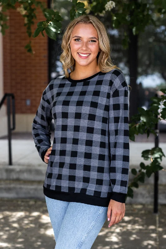 Plaid With Me Long Sleeves T-Shirt, Grey Athletic Women's High - 