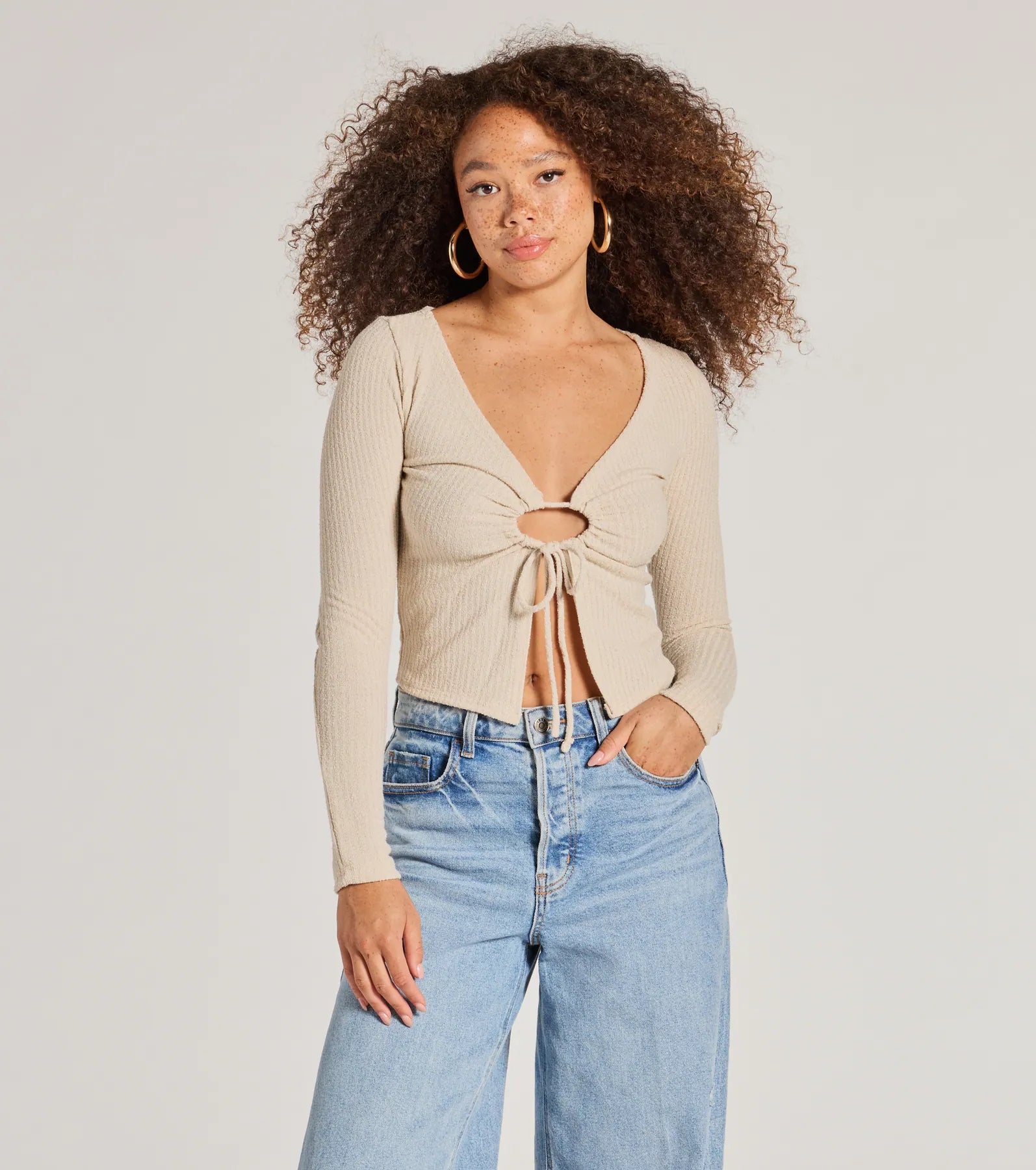 Trendy Casual Long Sleeve Tie-Front Top Trendy Women's Oversized