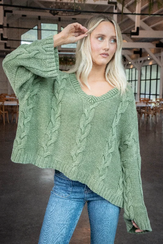 Ria Cable Knit V-Neck Sweater, Olive Athletic Women's High - 