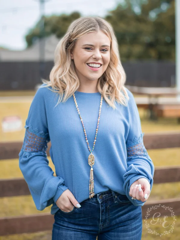 Miss Seeing You Waffle Top with Balloon Sleeves, Denim Blue Adventure